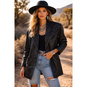 Vintage 90s Byrnes & Baker Black Leather Jacket Embossed  Detail Double Breast M